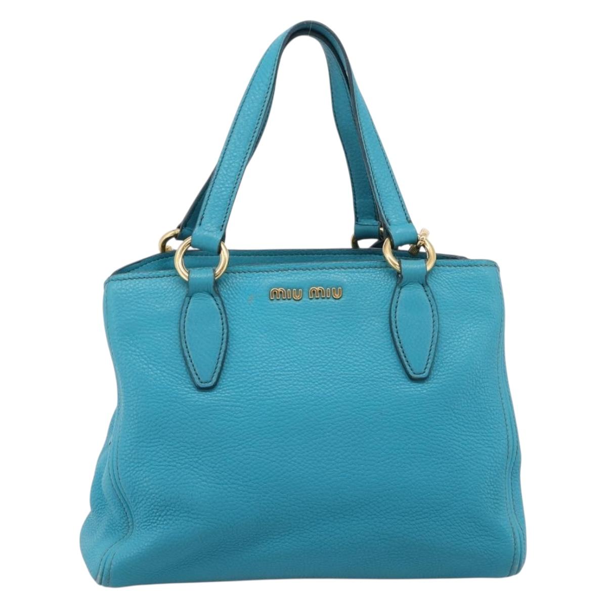 Miu Miu Hand Bag Leather 2way Turquoise Blue Gold Tone Auth BA16303V