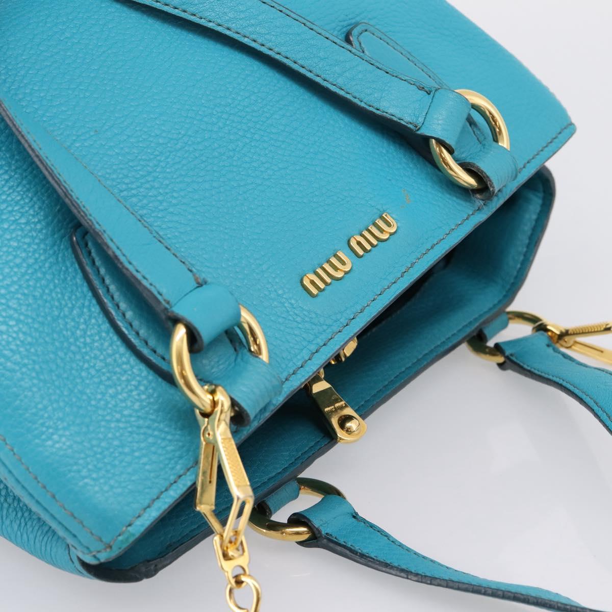 Miu Miu Hand Bag Leather 2way Turquoise Blue Gold Tone Auth BA16303V
