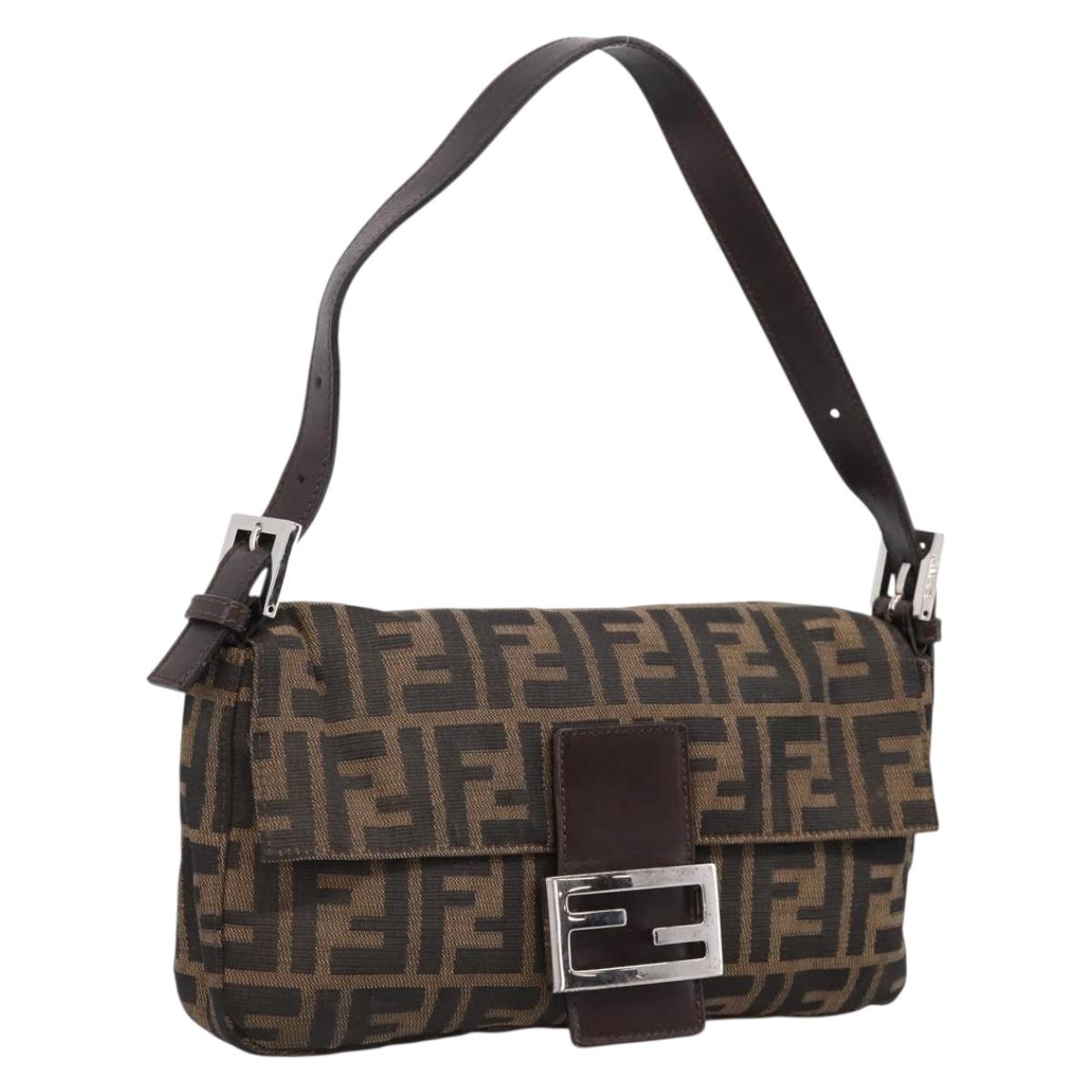 FENDI Zucca Canvas Mamma Baguette Shoulder Bag Brown Silver Auth BA16310V