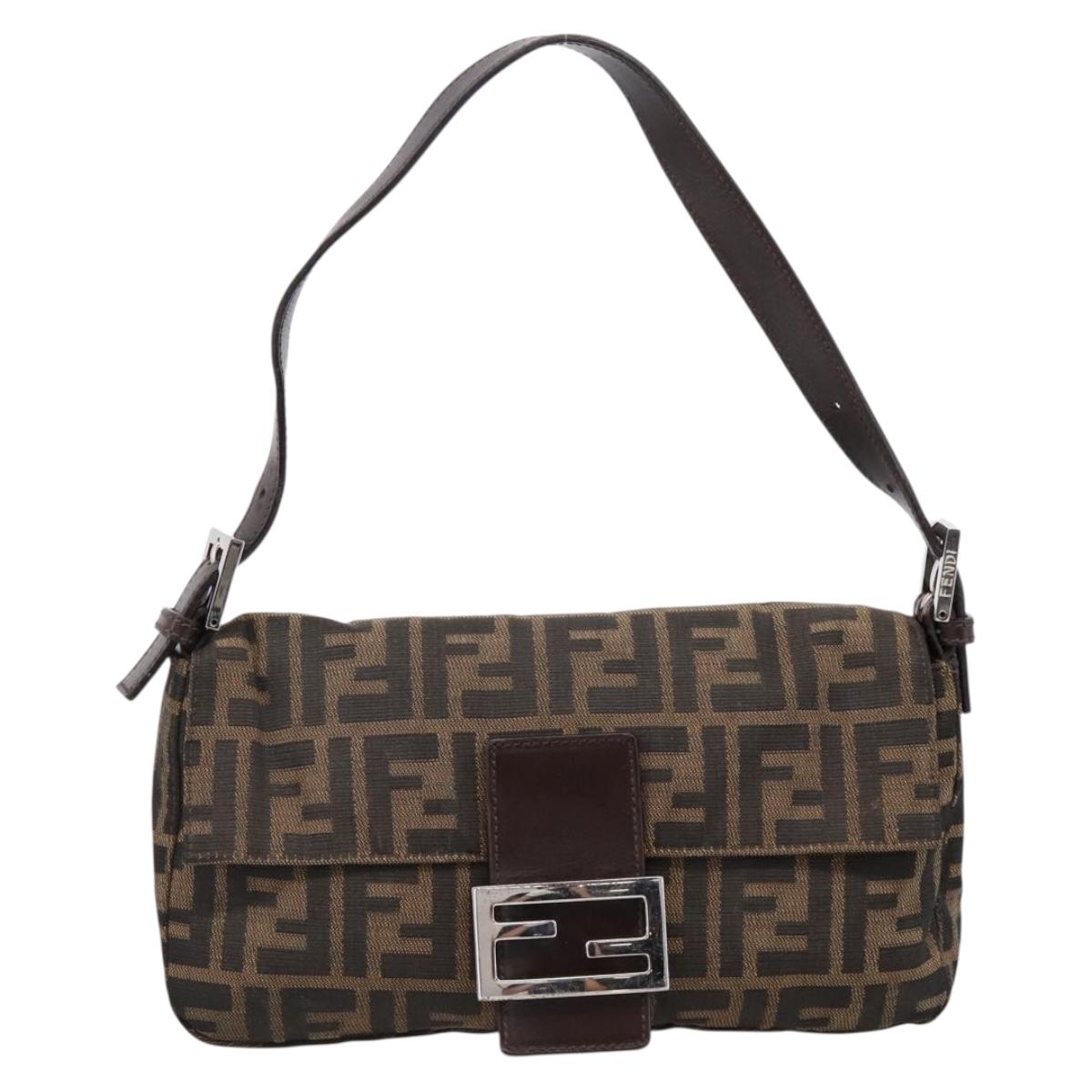 FENDI Zucca Canvas Mamma Baguette Shoulder Bag Brown Silver Auth BA16310V