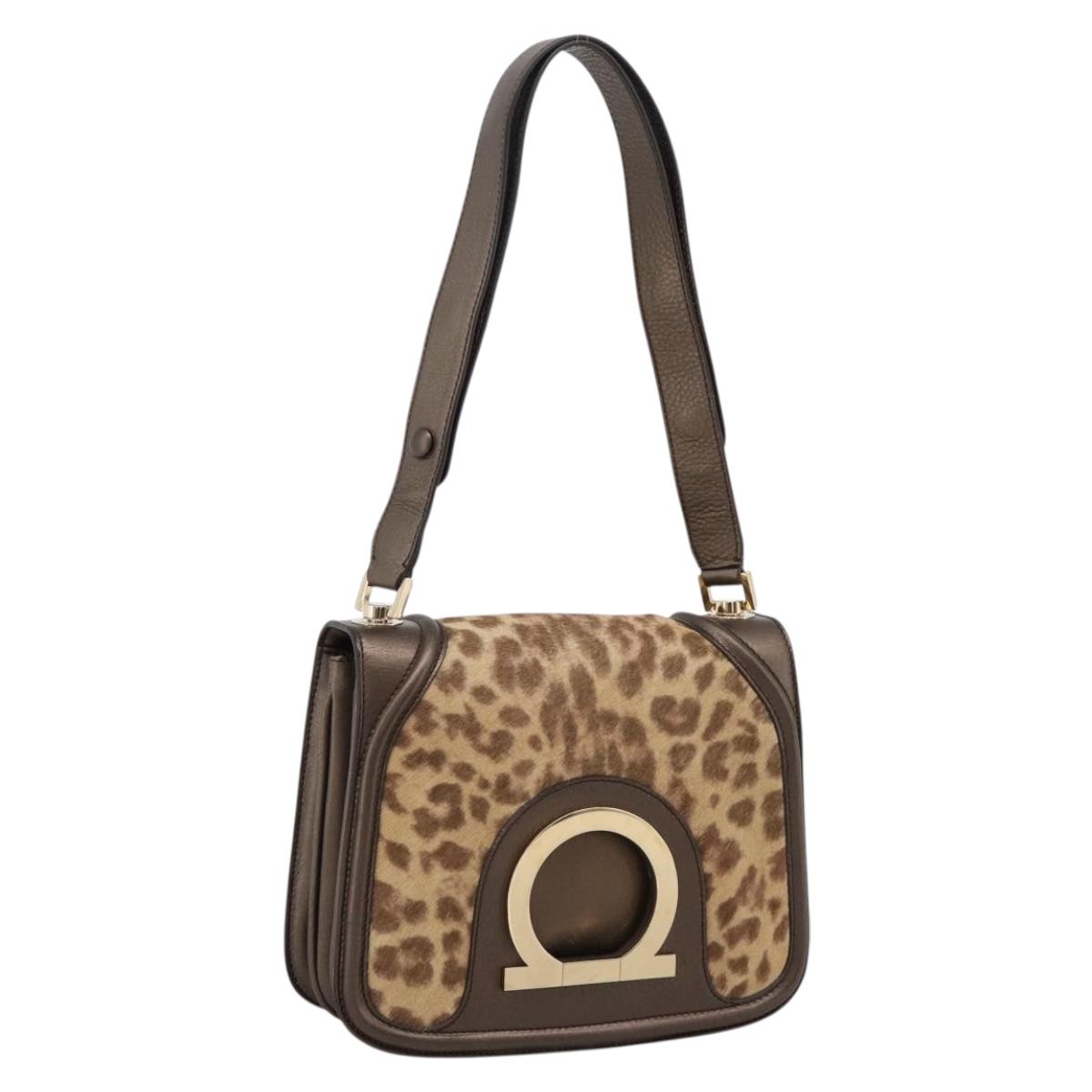 Salvatore Ferragamo Gancini Shoulder Bag Harako leather Brown Gold Auth BA16312A