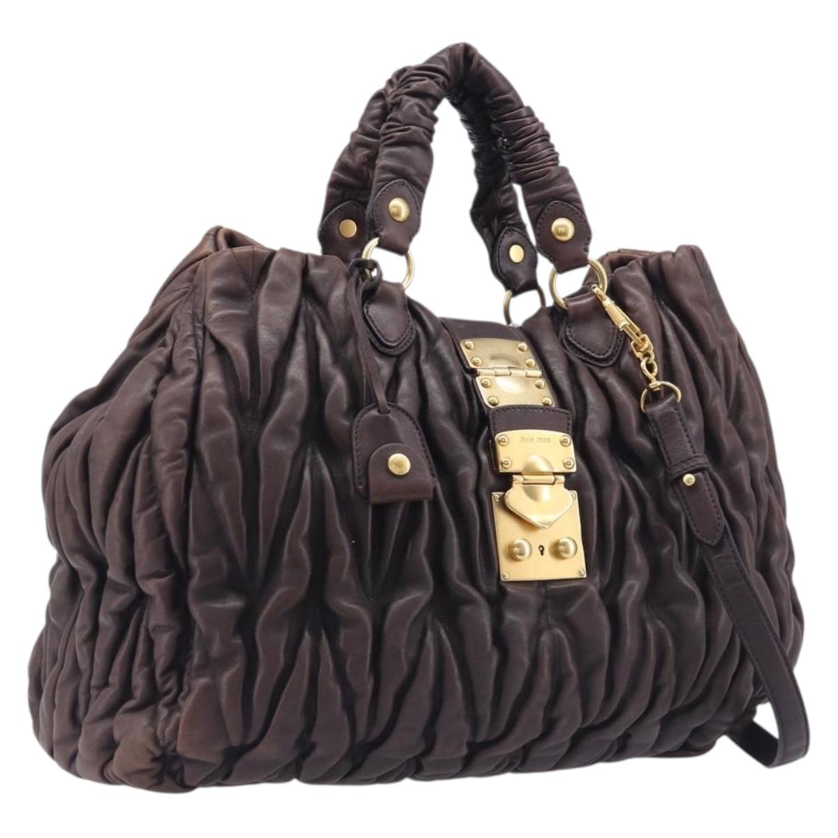 Miu Miu Matelasse Hand Bag Leather 2way Dark Brown Gold Tone Auth BA16313A