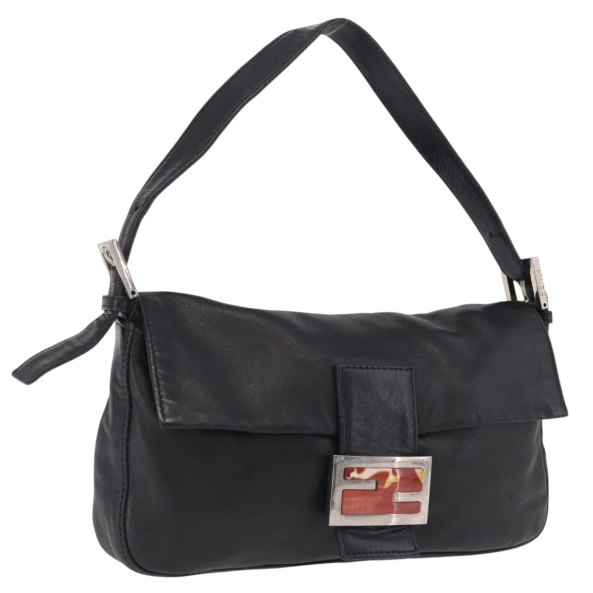 FENDI Mamma Baguette Shoulder Bag Leather Black Silver Auth BA16322V