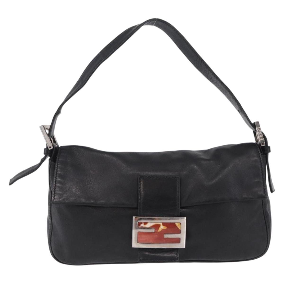 FENDI Mamma Baguette Shoulder Bag Leather Black Silver Auth BA16322V