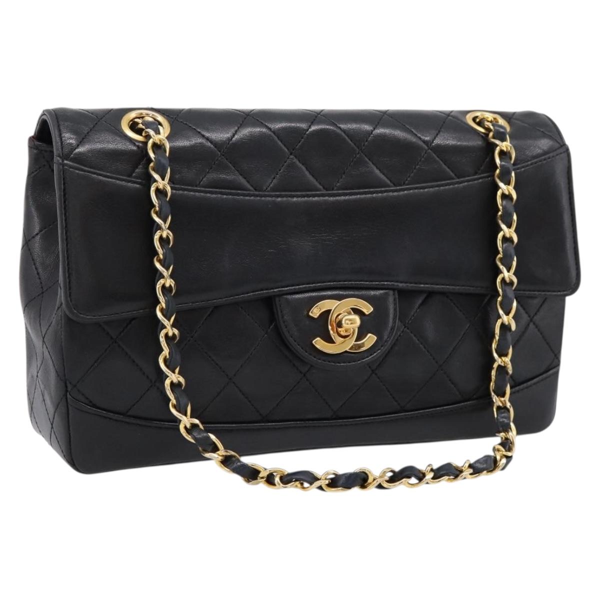 CHANEL Matelasse 25 Chain Shoulder Bag Lamb Skin Black Gold CC Auth BA16325SAV