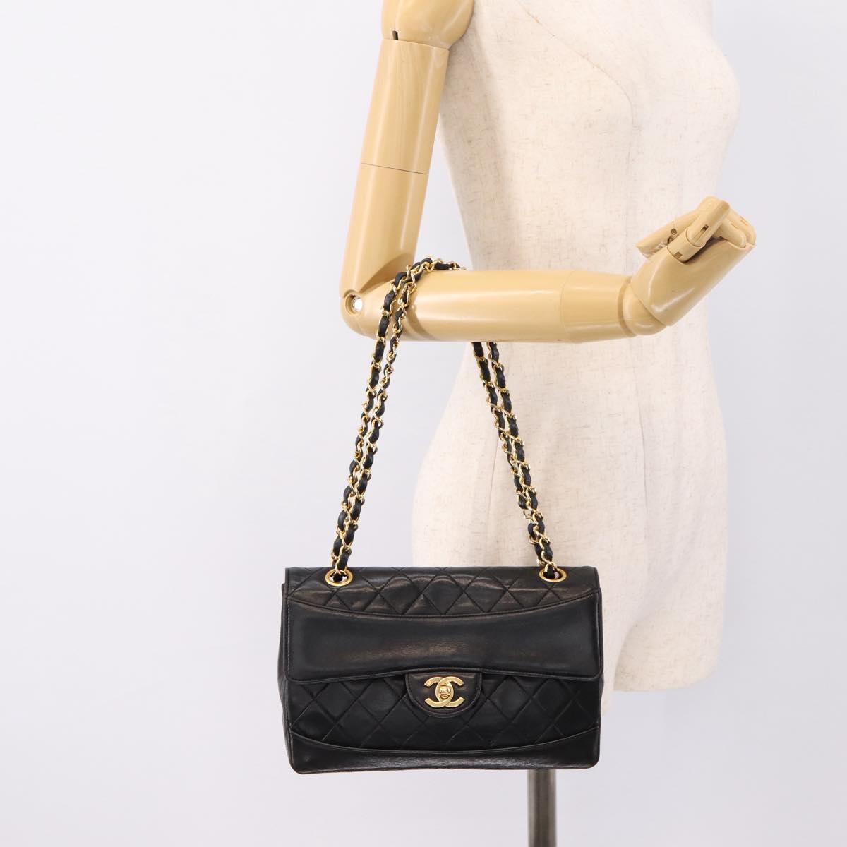 CHANEL Matelasse 25 Chain Shoulder Bag Lamb Skin Black Gold CC Auth BA16325SAV
