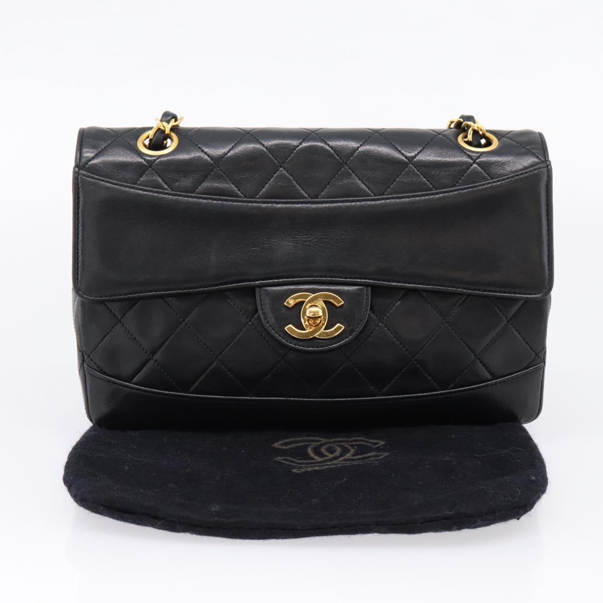 CHANEL Matelasse 25 Chain Shoulder Bag Lamb Skin Black Gold CC Auth BA16325SAV