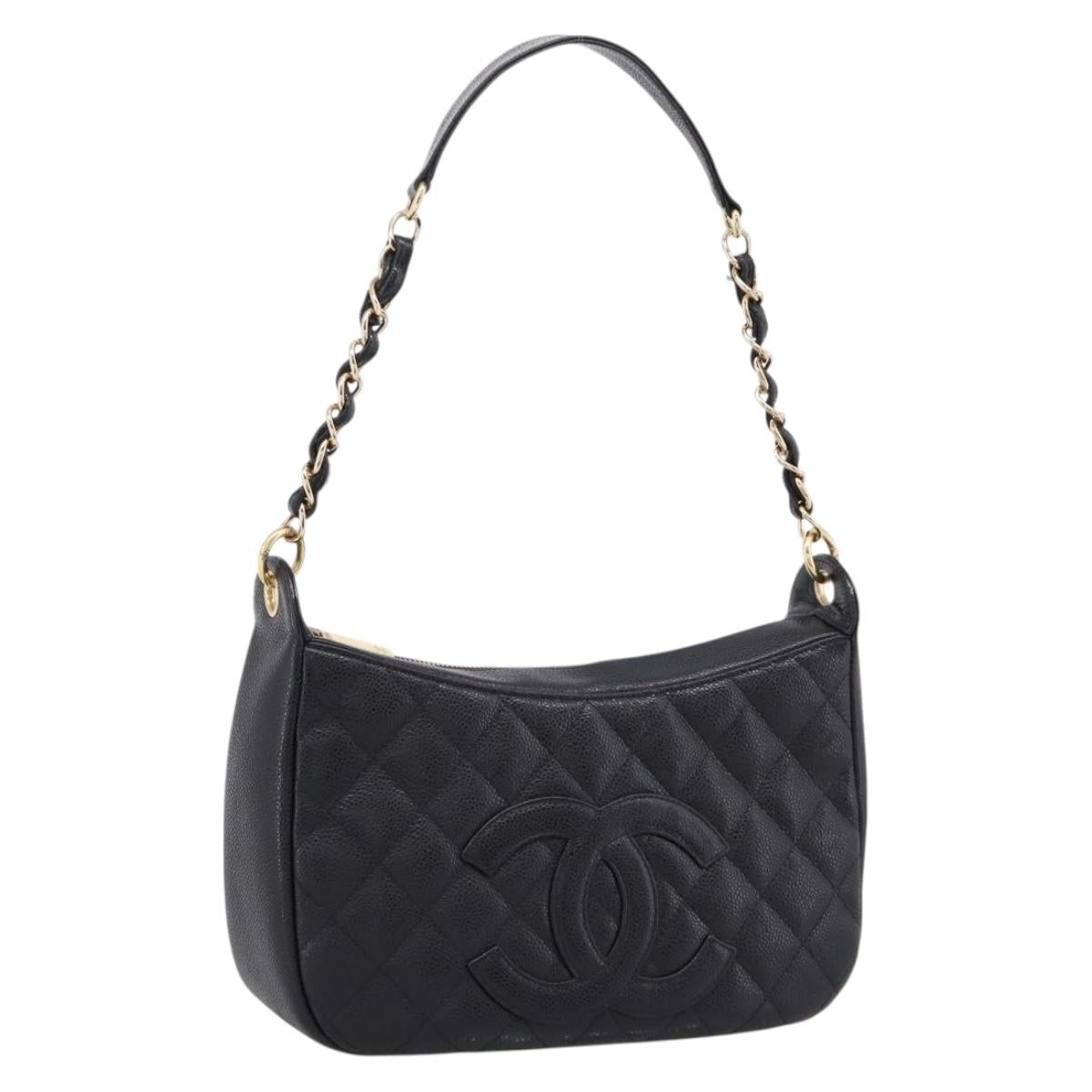CHANEL Matelasse Chain Shoulder Bag Caviar Skin Black Gold CC Auth BA16326SAV