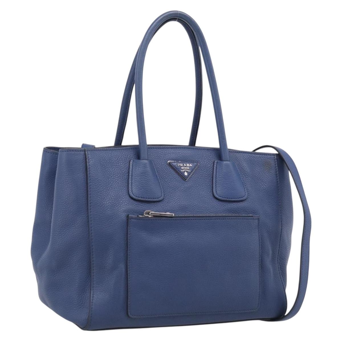 PRADA Vitterodino Tote Bag Leather 2way Blue Silver Auth BA16335V