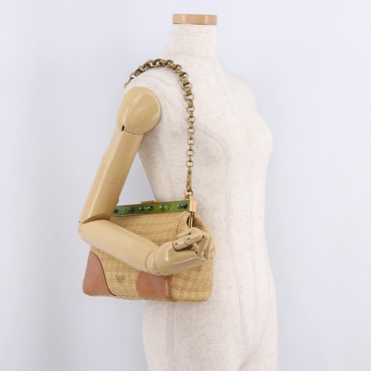 PRADA Chain Shoulder Bag Raffia Beige Gold Tone Auth BA16338V