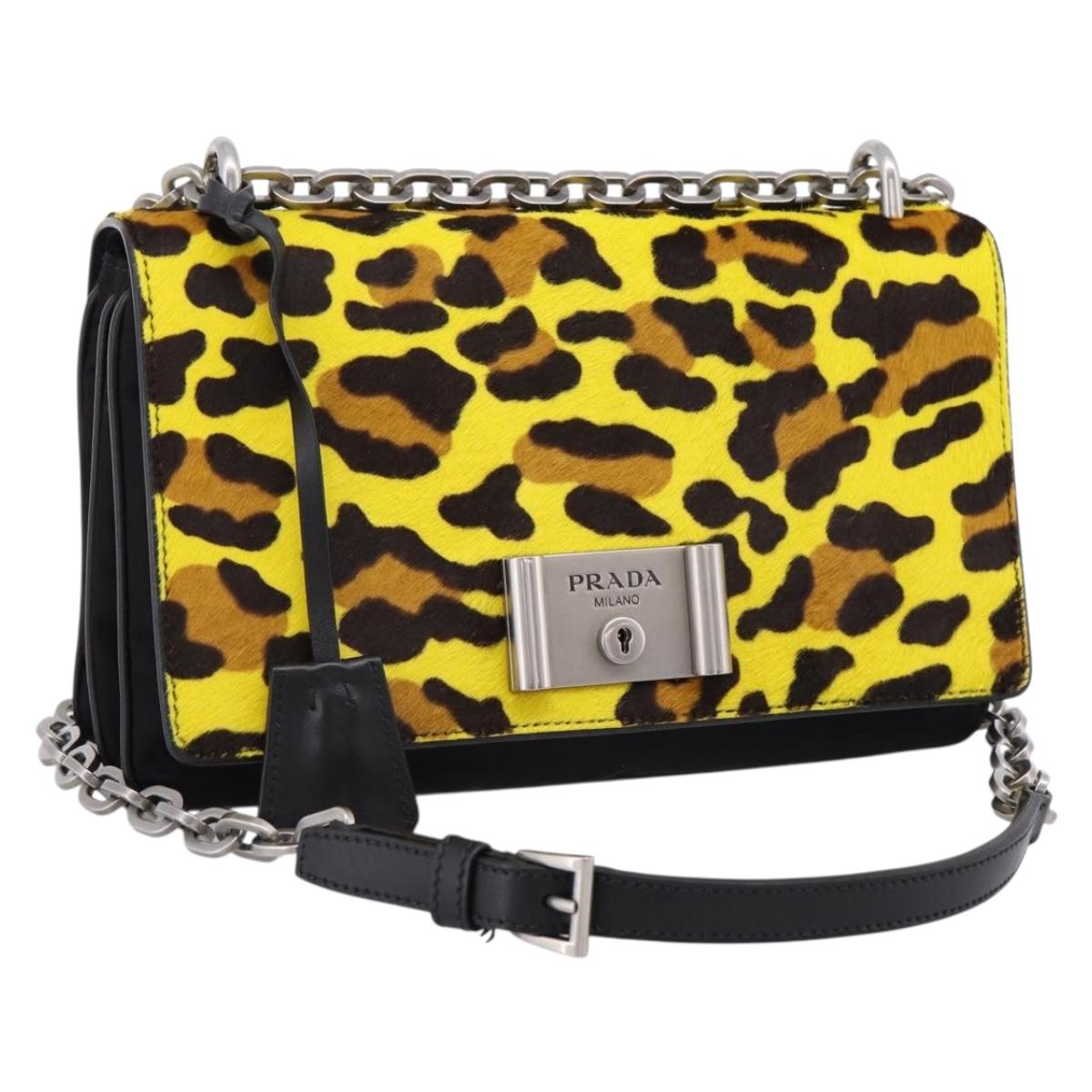 PRADA Chain Shoulder Bag Harako leather 2way Yellow Silver Auth BA16344V