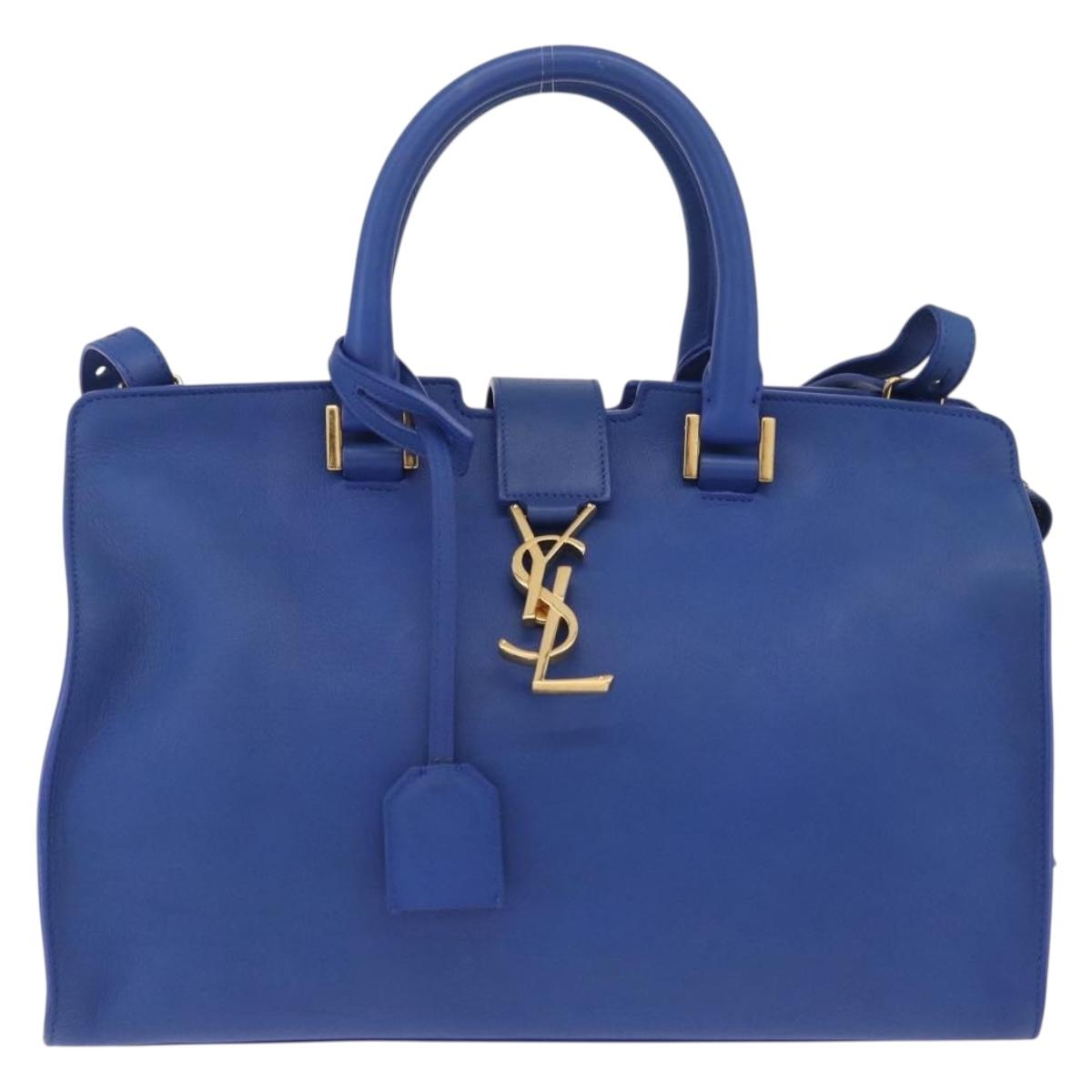 Saint Laurent Baby Cabas Hand Bag Leather 2way Blue Gold 394461 Auth BA16345V