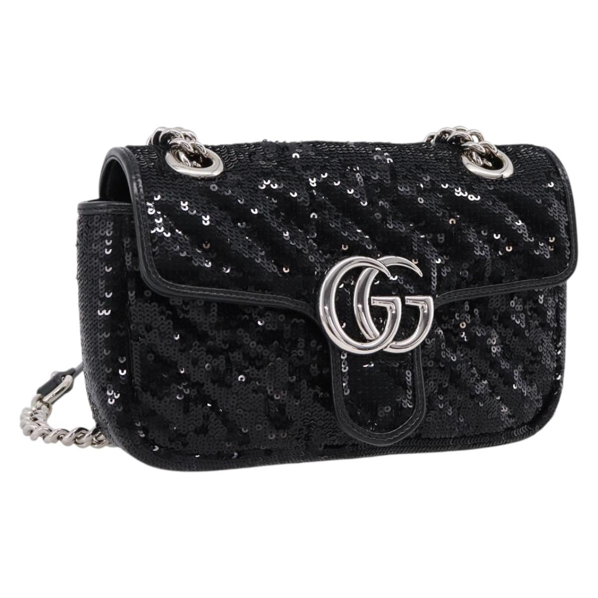 GUCCI GG Marmont Chain Shoulder Bag Sequin Black Silver 446744 Auth BA16348SAM