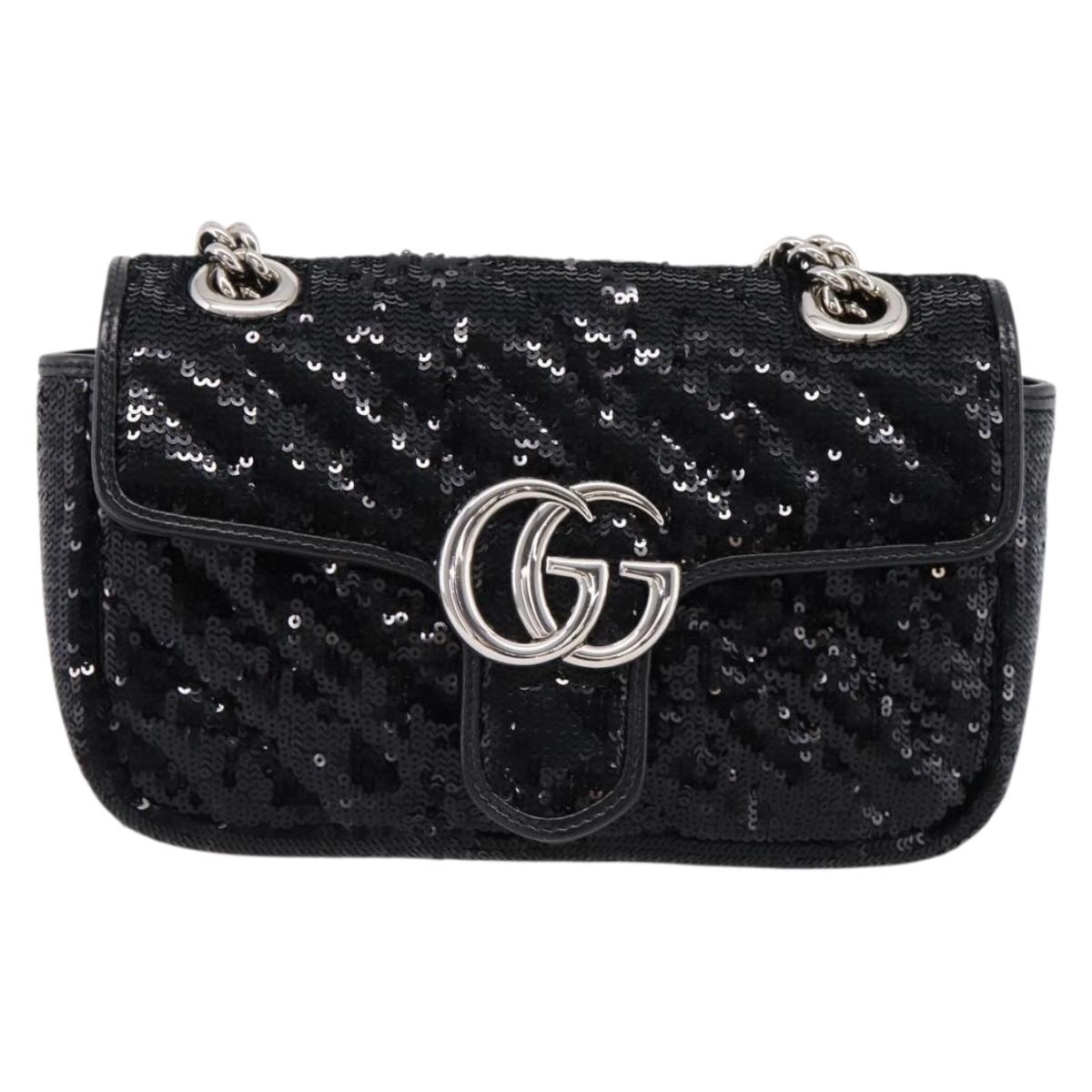 GUCCI GG Marmont Chain Shoulder Bag Sequin Black Silver 446744 Auth BA16348SAM