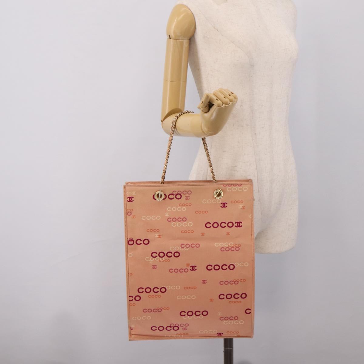 CHANEL Chain Tote Bag Canvas Pink Gold CC Auth BA16356