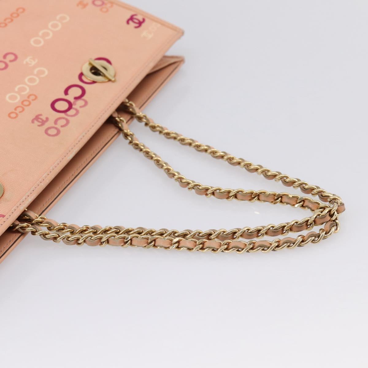 CHANEL Chain Tote Bag Canvas Pink Gold CC Auth BA16356