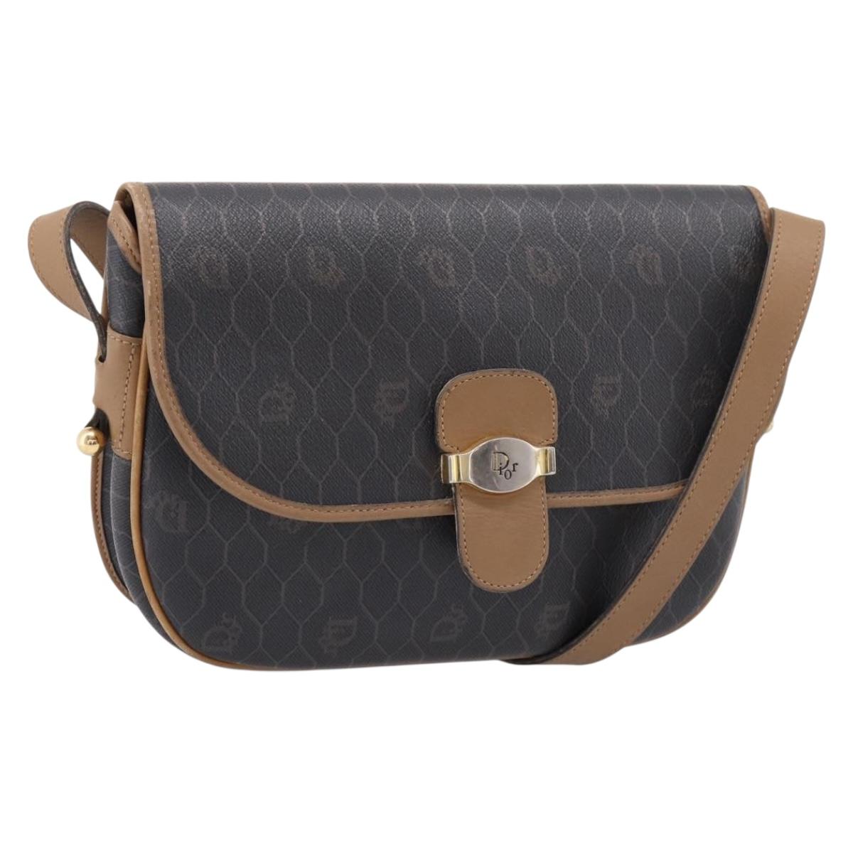 Christian Dior Honeycomb Canvas Shoulder Bag PVC Black Gold Auth BA16397