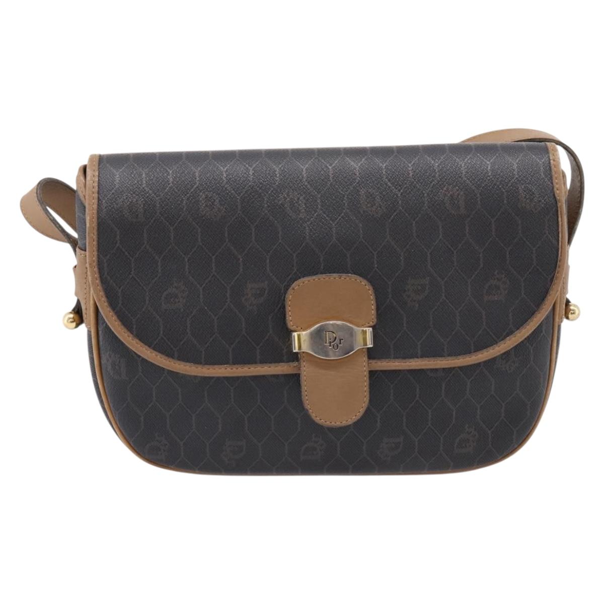 Christian Dior Honeycomb Canvas Shoulder Bag PVC Black Gold Auth BA16397