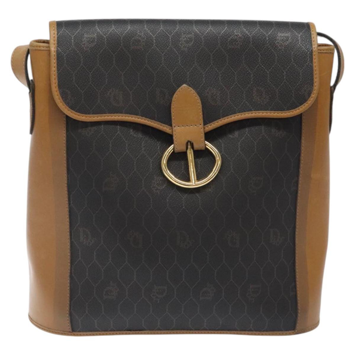 Christian Dior Honeycomb Canvas Shoulder Bag PVC Leather Black gold Auth BA1644