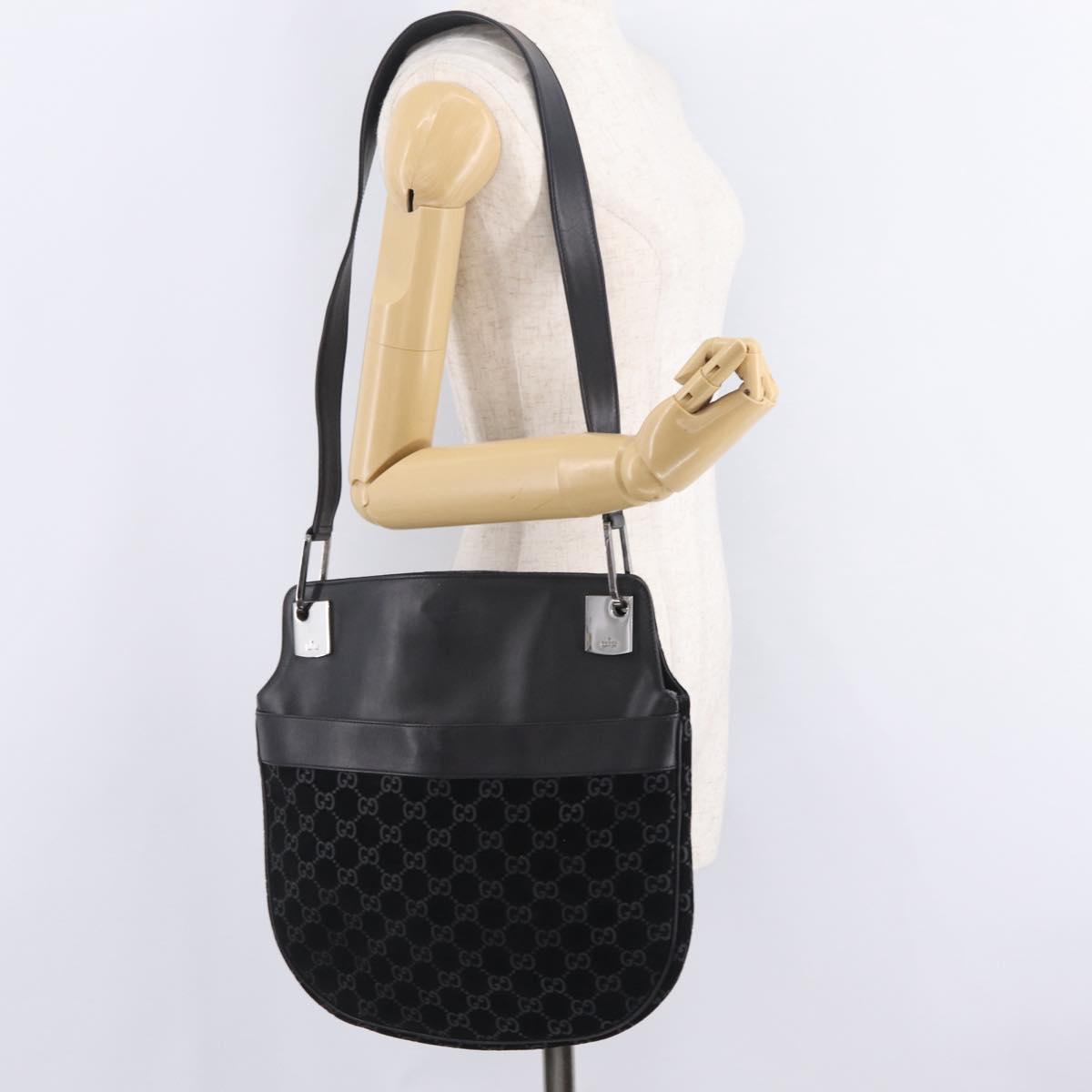 GUCCI Shoulder Bag Suede Black Silver 001 3307 Auth BA16447