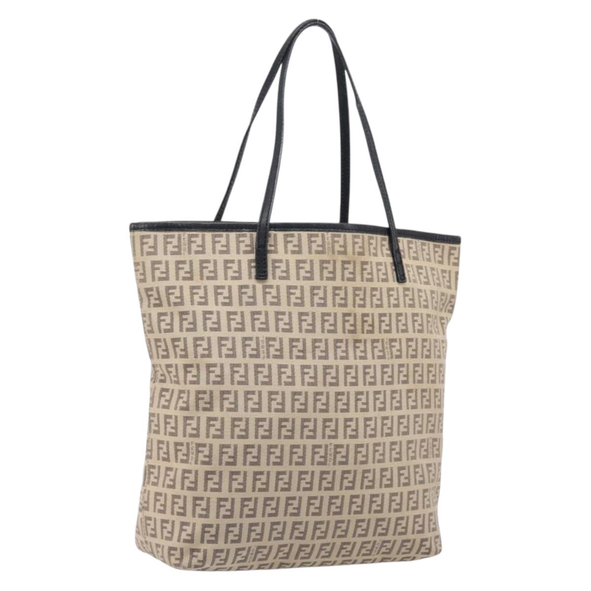 FENDI Zucchino Canvas Tote Bag Beige Silver 8BH074 Auth BA16450