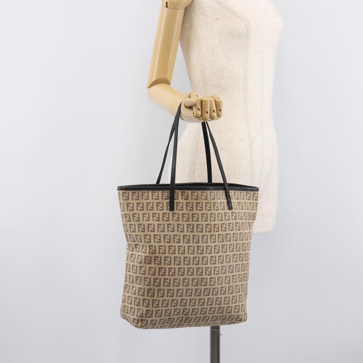 FENDI Zucchino Canvas Tote Bag Beige Silver 8BH074 Auth BA16450