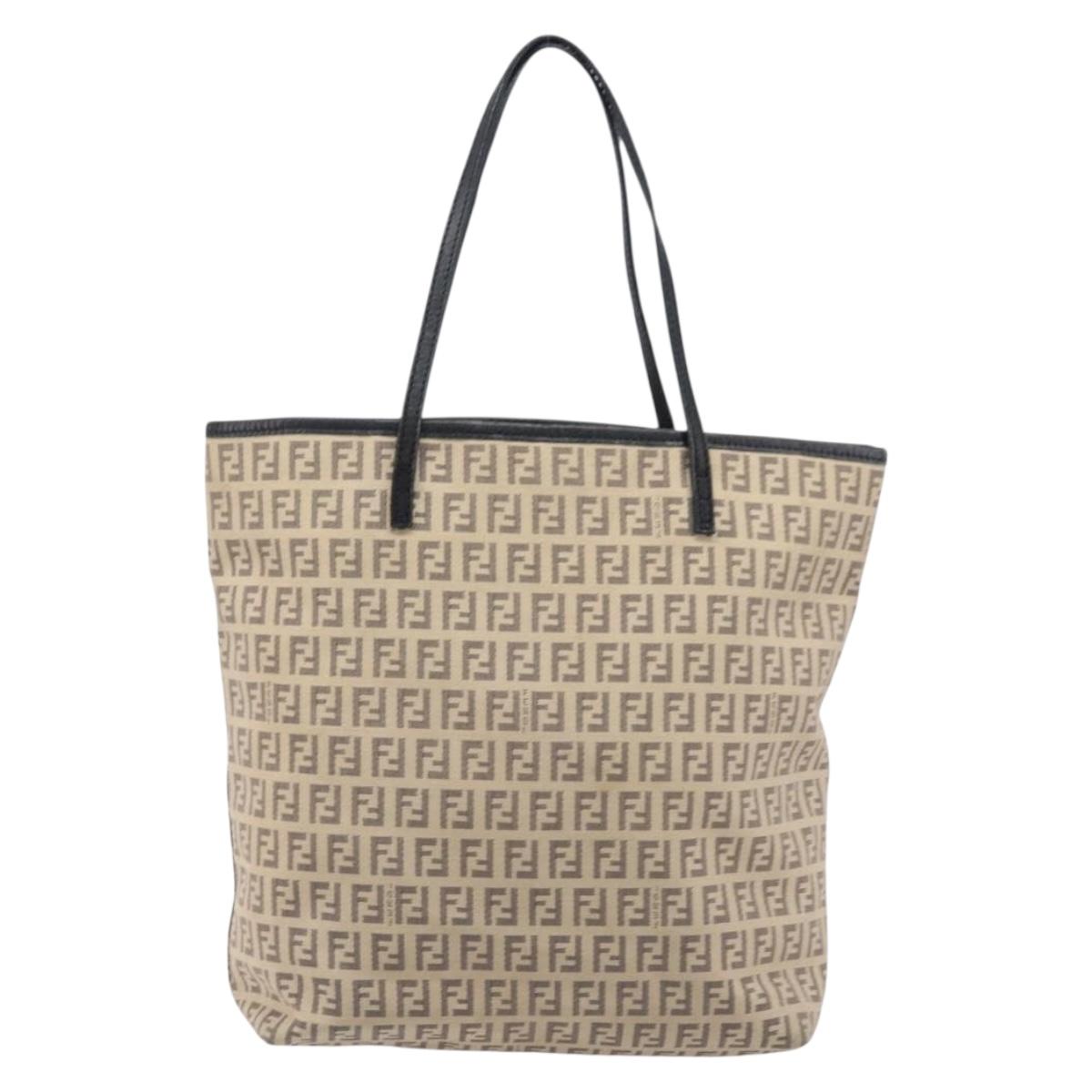 FENDI Zucchino Canvas Tote Bag Beige Silver 8BH074 Auth BA16450