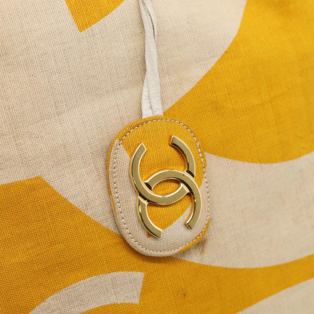 CHANEL Drawstring Chain Shoulder Bag Canvas Yellow Gold Tone CC Auth BA16485