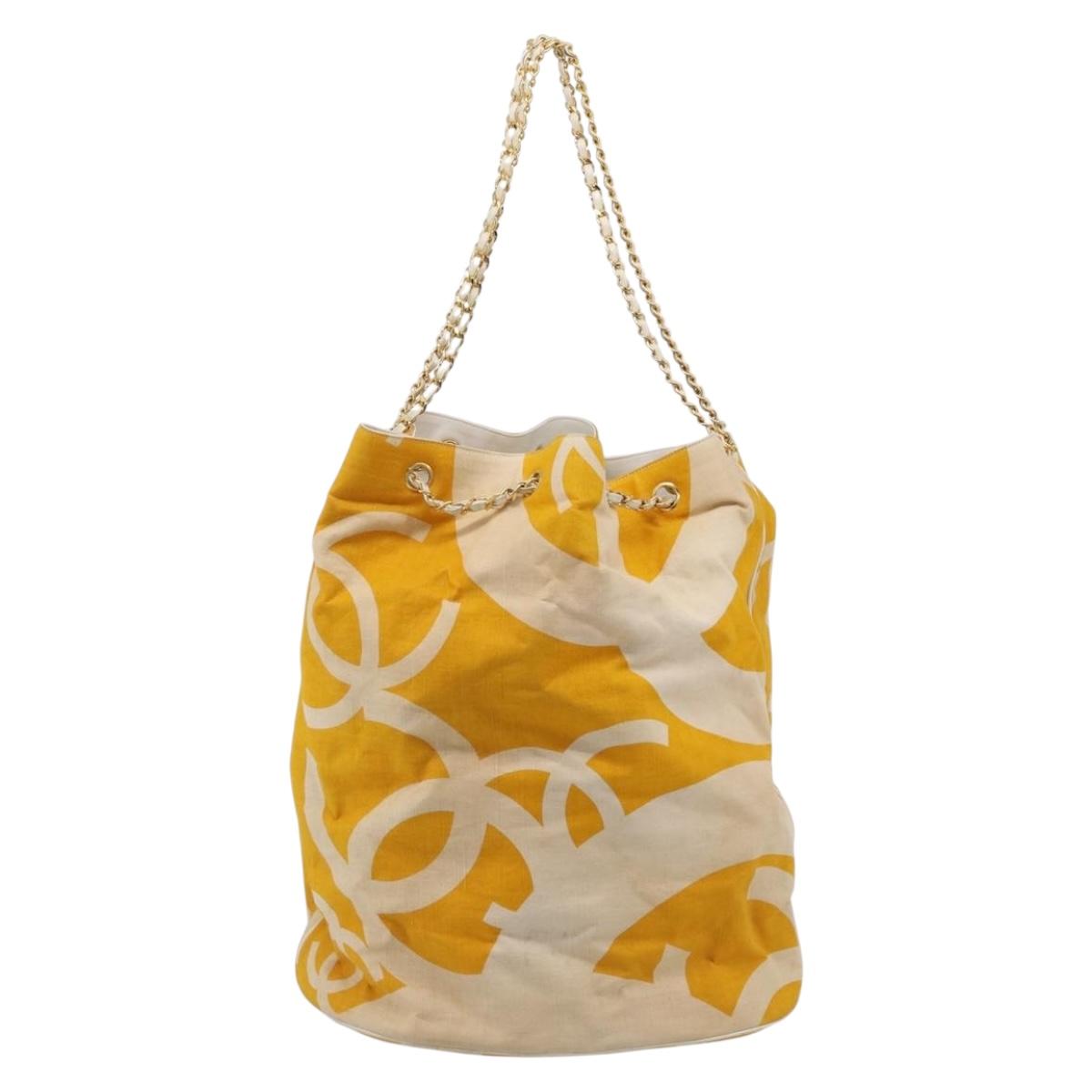CHANEL Drawstring Chain Shoulder Bag Canvas Yellow Gold Tone CC Auth BA16485