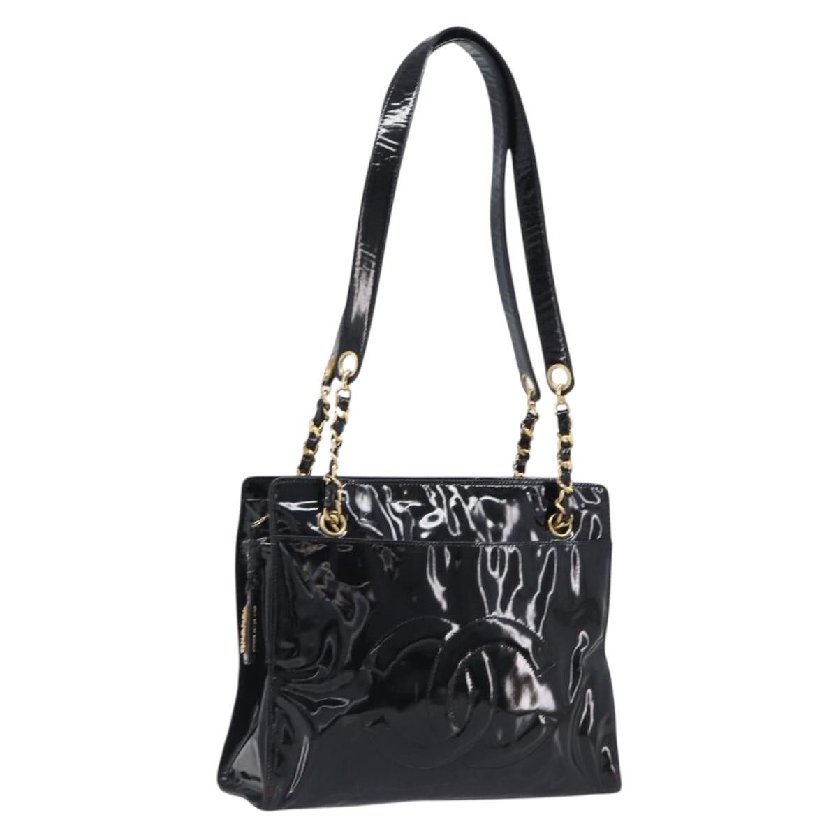 CHANEL COCO Mark Chain Shoulder Bag Patent Black Gold Tone CC Auth BA16492