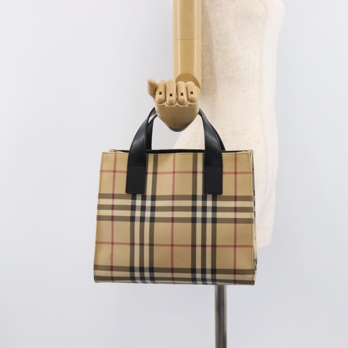 BURBERRY Nova Check Hand Bag PVC Leather Beige Black Auth BA16493