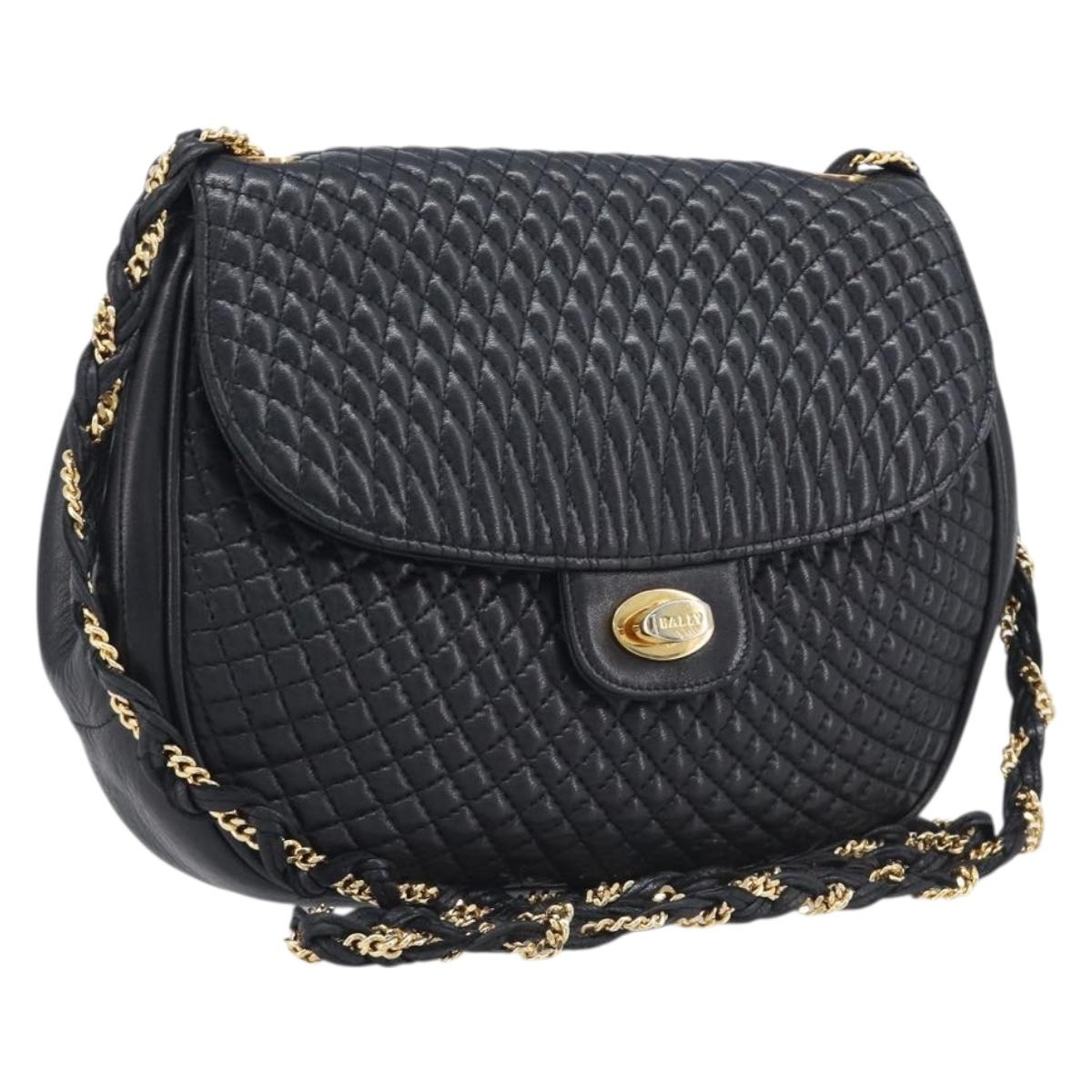 Bally Chain Shoulder Bag Leather Black Gold Tone Auth BA16494