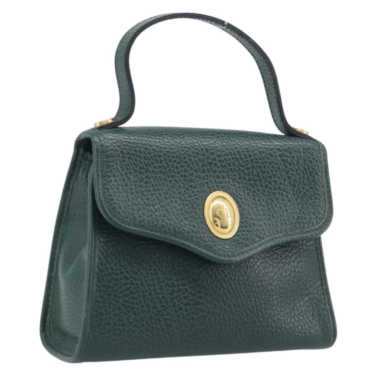Christian Dior Hand Bag Leather Green Gold Tone Auth BA16502