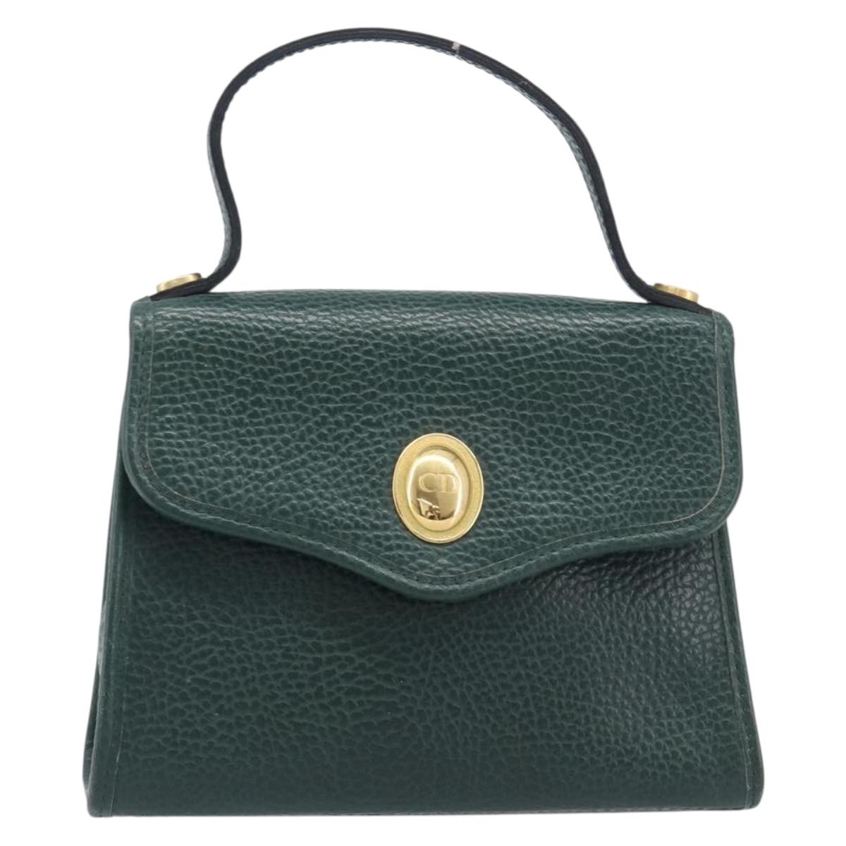 Christian Dior Hand Bag Leather Green Gold Tone Auth BA16502