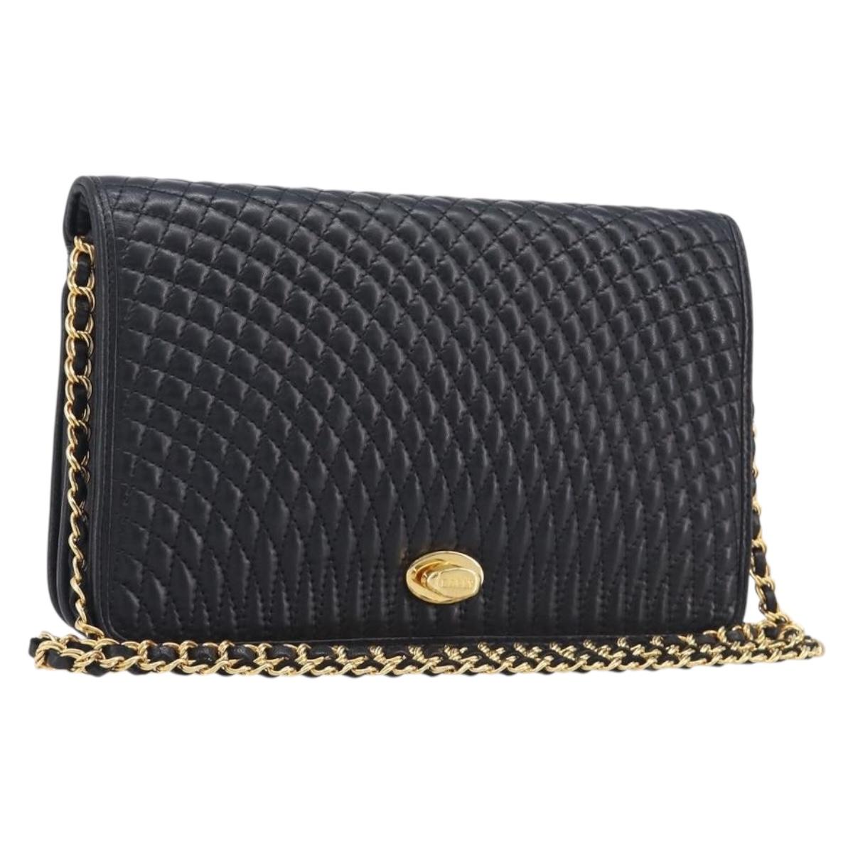 Bally Chain Shoulder Bag Leather Black Gold Tone Auth BA16503