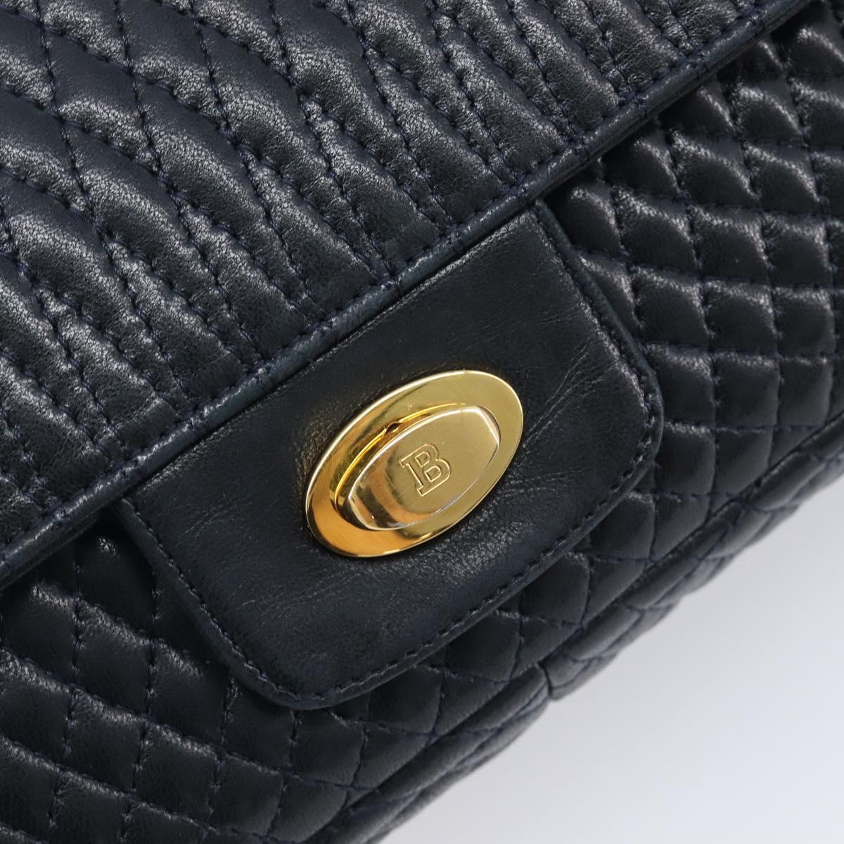 Bally Chain Shoulder Bag Leather Navy Gold Tone Auth BA16506