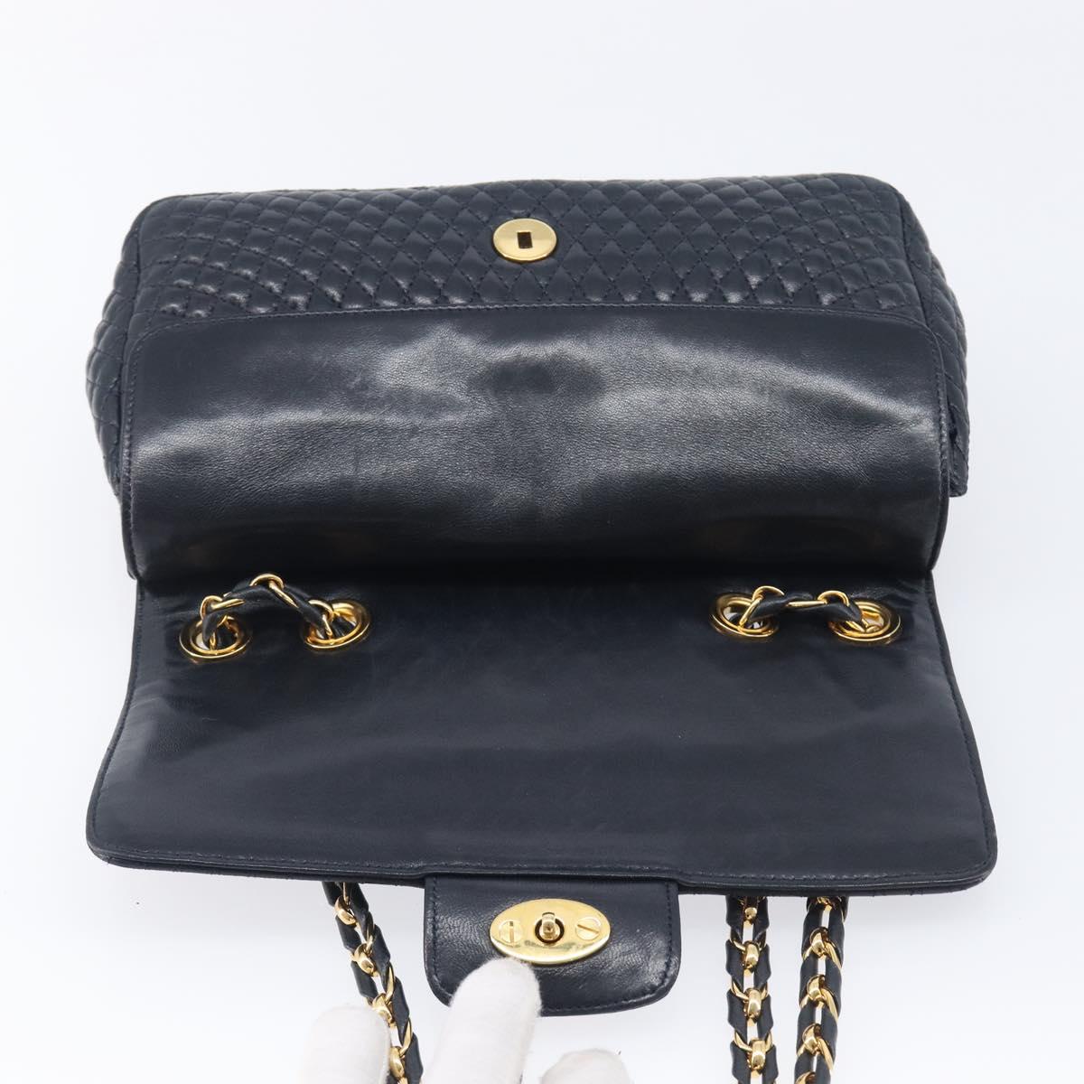 Bally Chain Shoulder Bag Leather Navy Gold Tone Auth BA16506