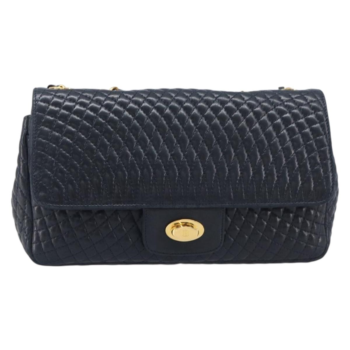 Bally Chain Shoulder Bag Leather Navy Gold Tone Auth BA16506