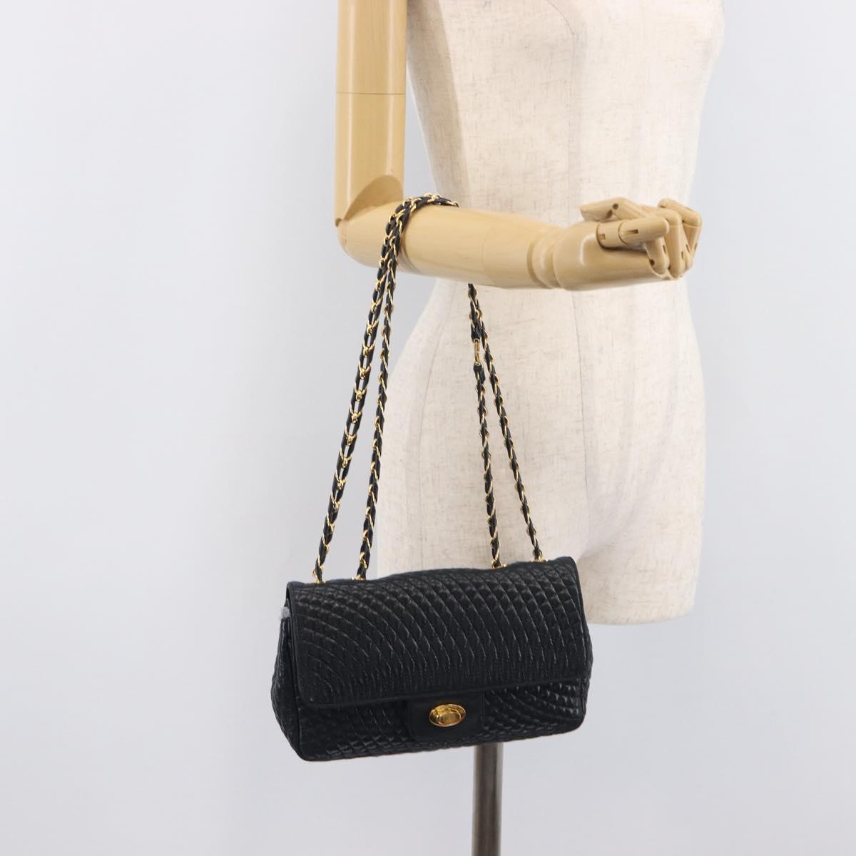 Bally Chain Shoulder Bag Leather Navy Gold Tone Auth BA16506