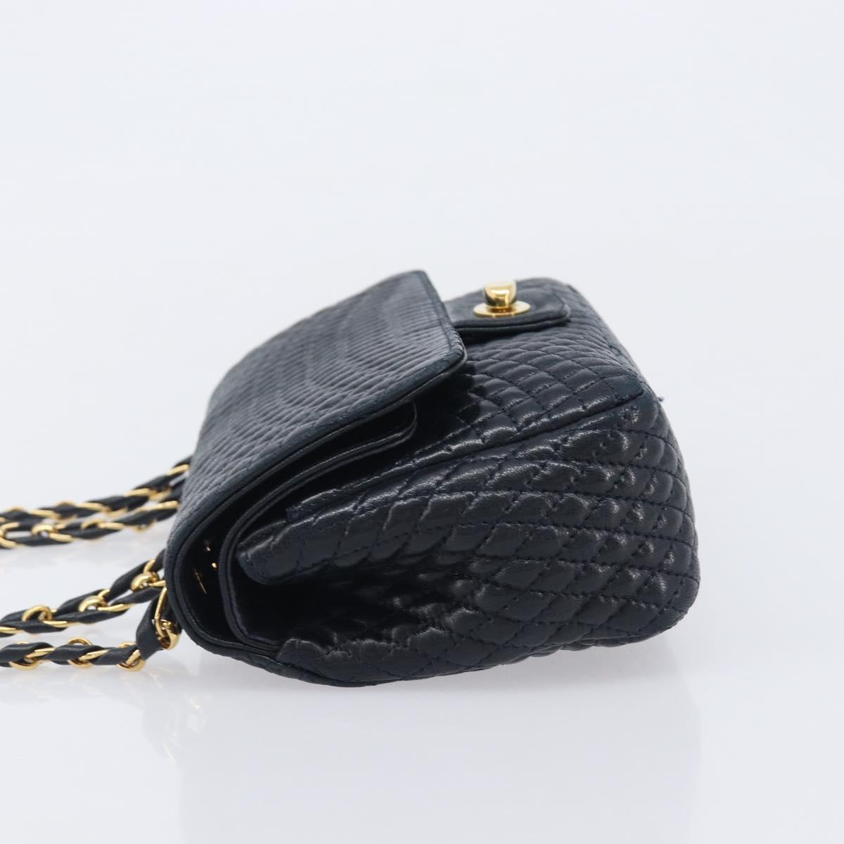 Bally Chain Shoulder Bag Leather Navy Gold Tone Auth BA16506