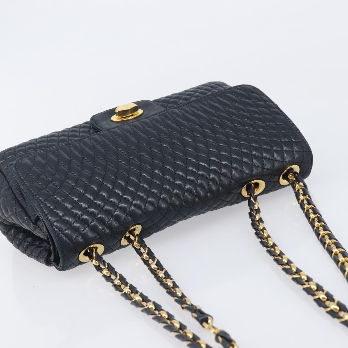 Bally Chain Shoulder Bag Leather Navy Gold Tone Auth BA16506