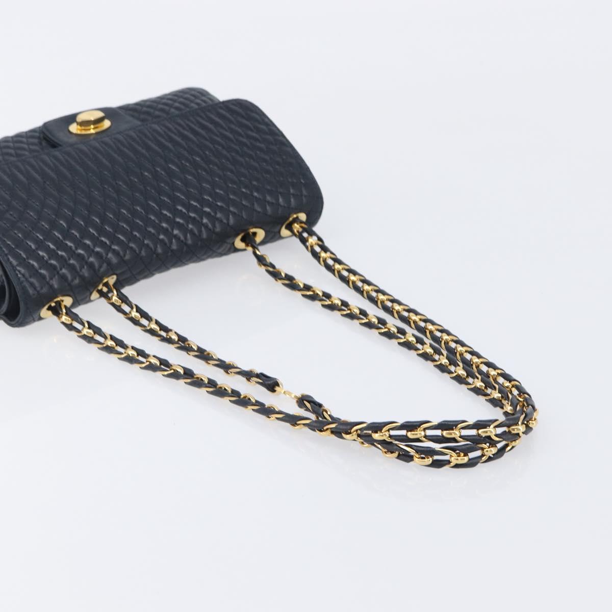 Bally Chain Shoulder Bag Leather Navy Gold Tone Auth BA16506
