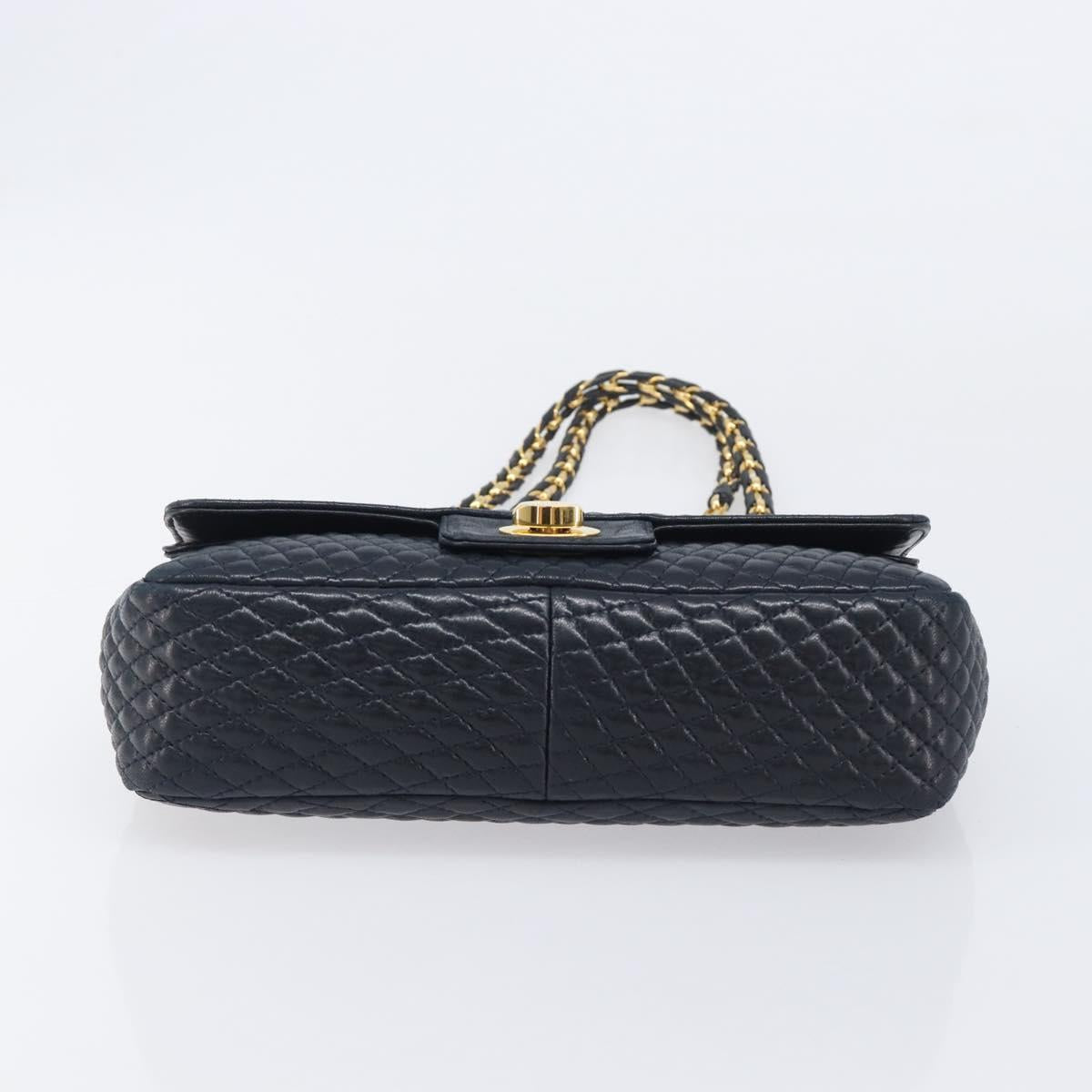 Bally Chain Shoulder Bag Leather Navy Gold Tone Auth BA16506