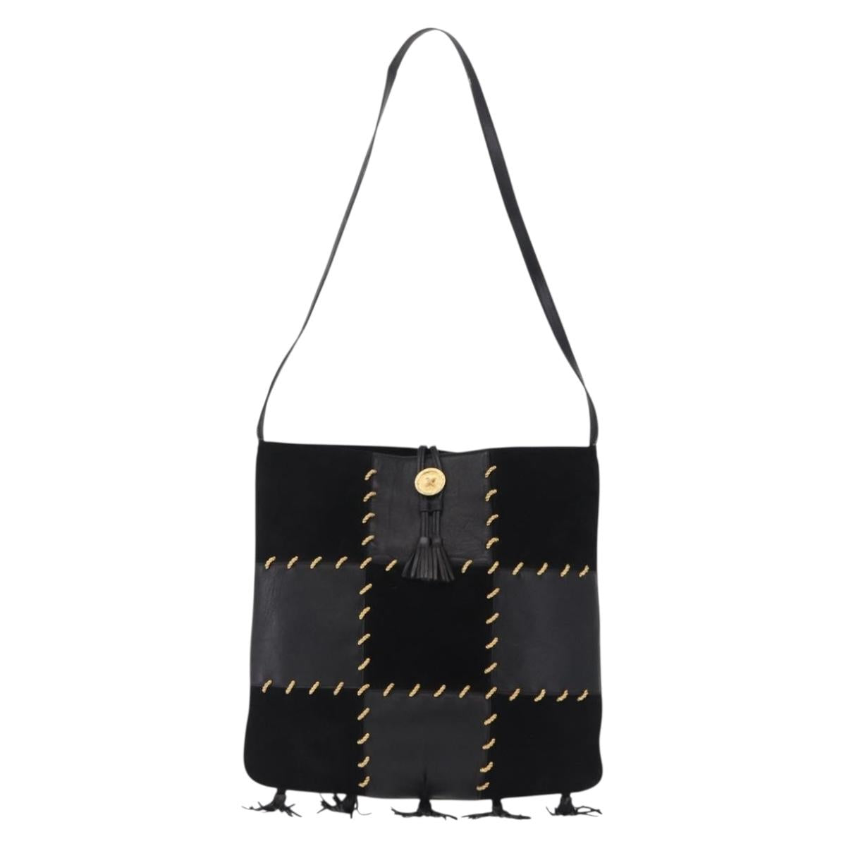 Salvatore Ferragamo Tote Bag Suede Black Gold Tone Auth BA16514