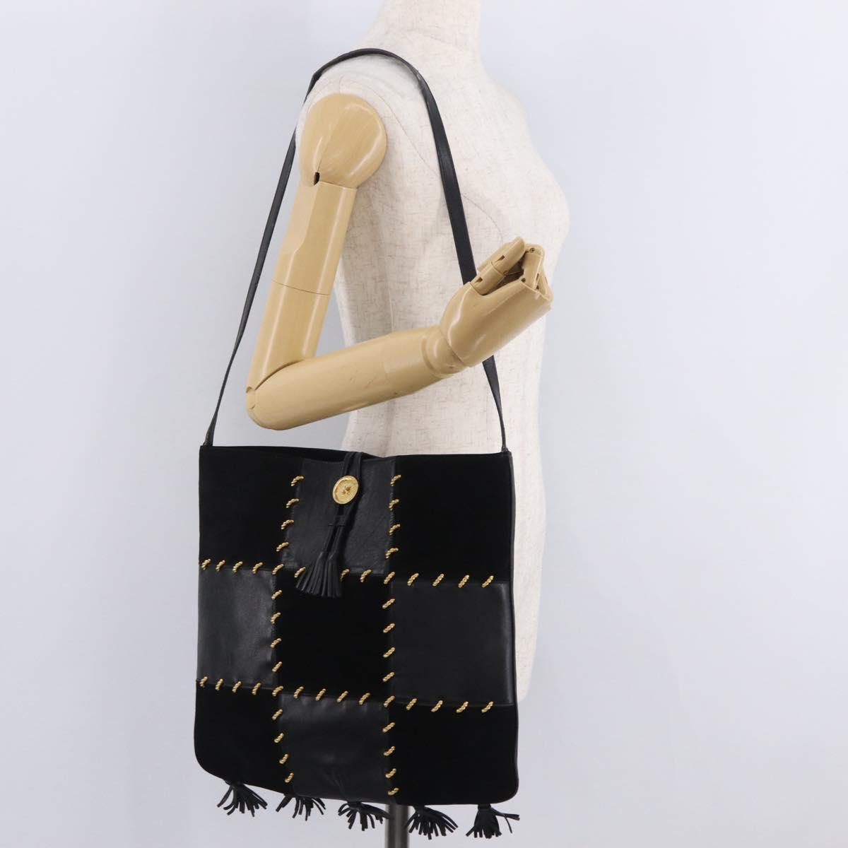 Salvatore Ferragamo Tote Bag Suede Black Gold Tone Auth BA16514