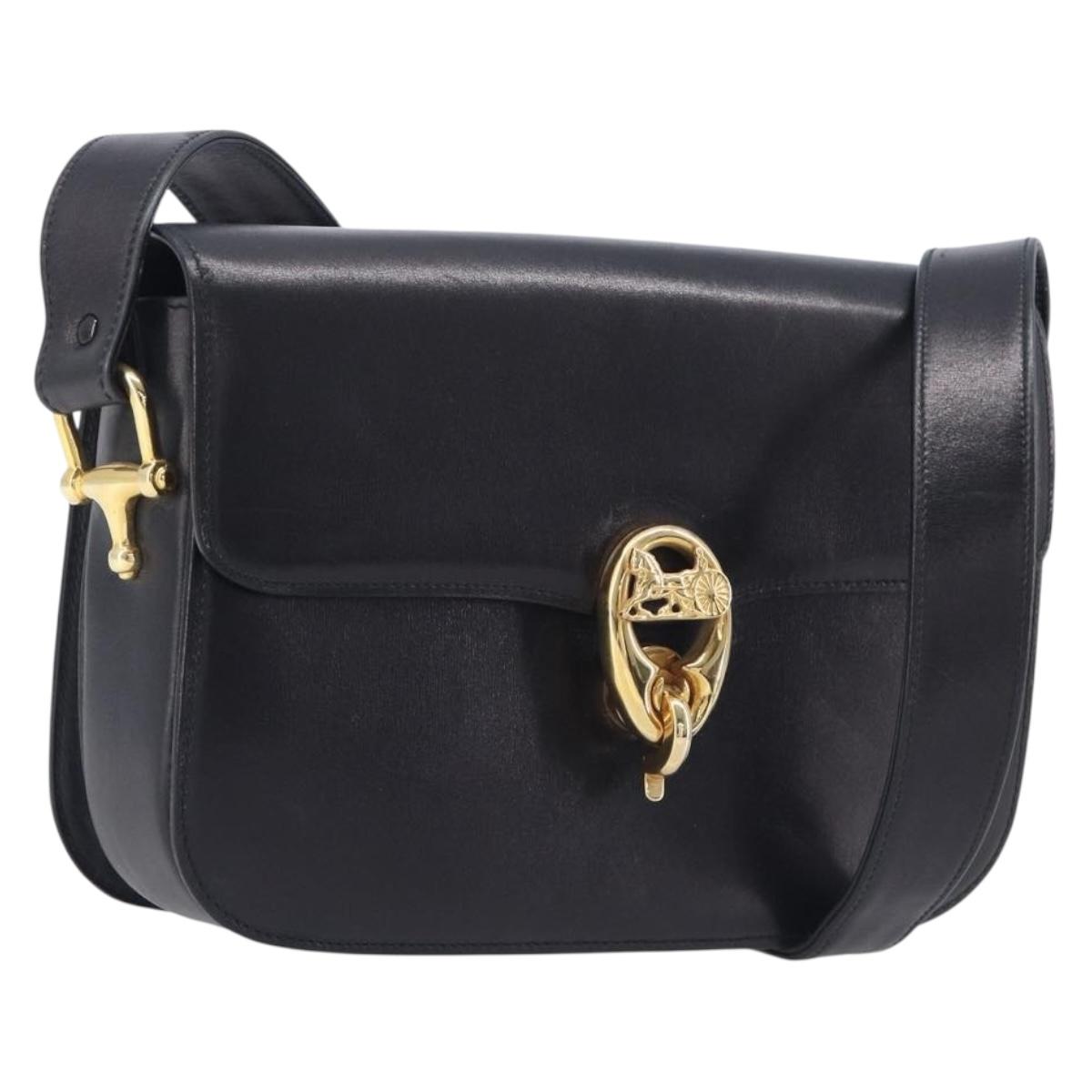 CELINE Shoulder Bag Leather Black Gold Tone Auth BA16528A