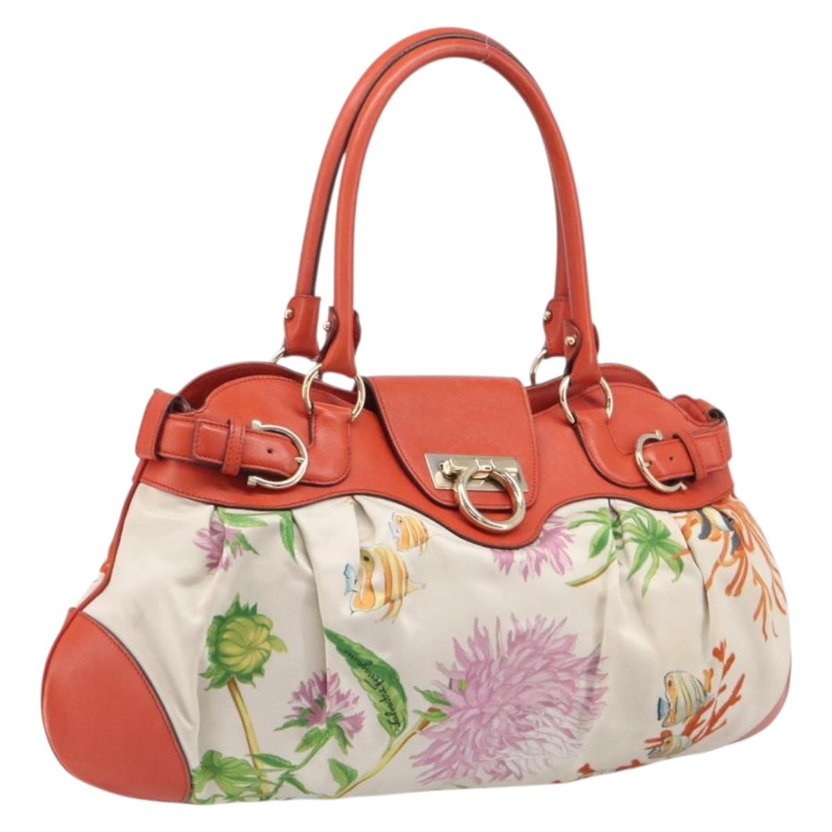 Salvatore Ferragamo Gancini Tote Bag Satin White Gold Tone Auth BA16529