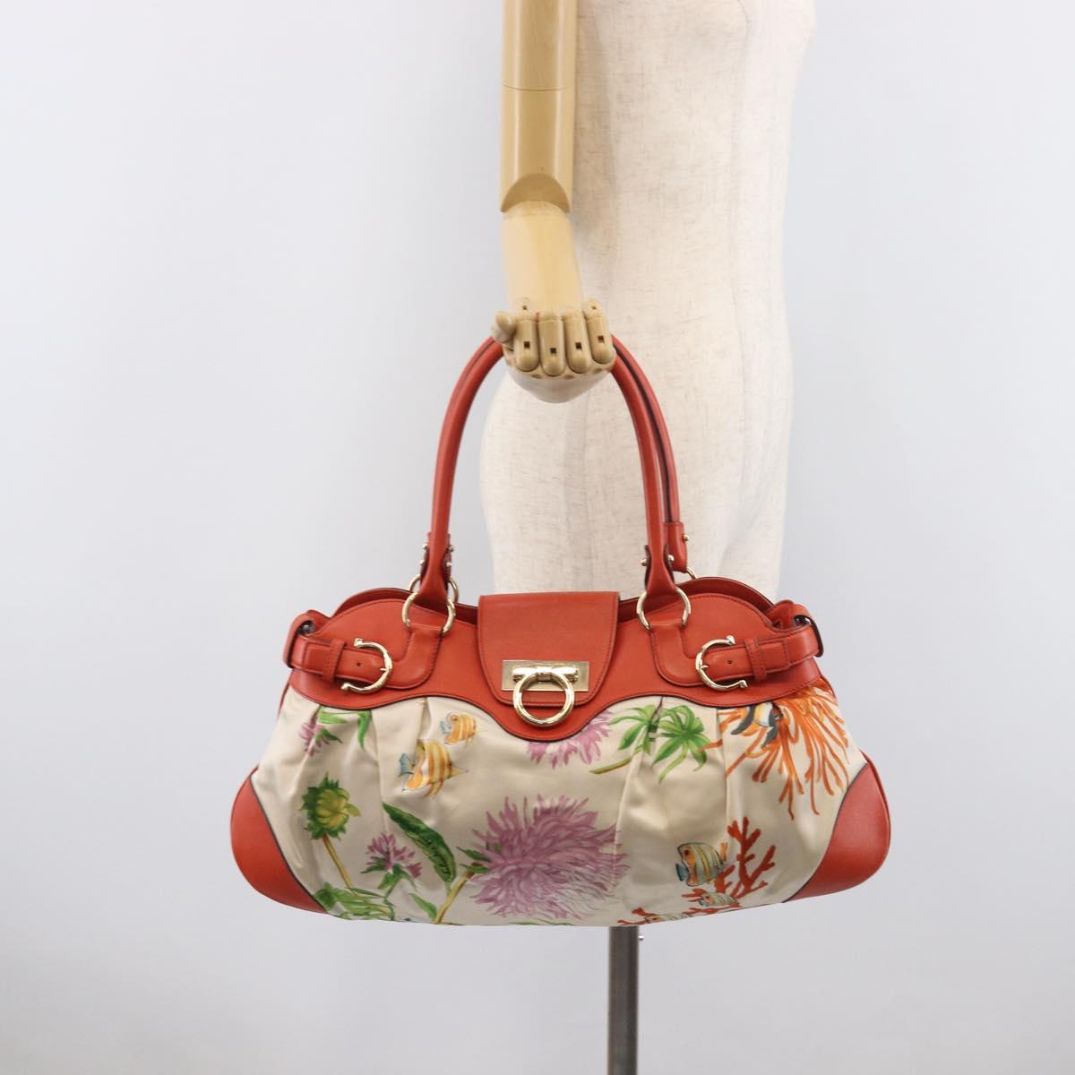 Salvatore Ferragamo Gancini Tote Bag Satin White Gold Tone Auth BA16529