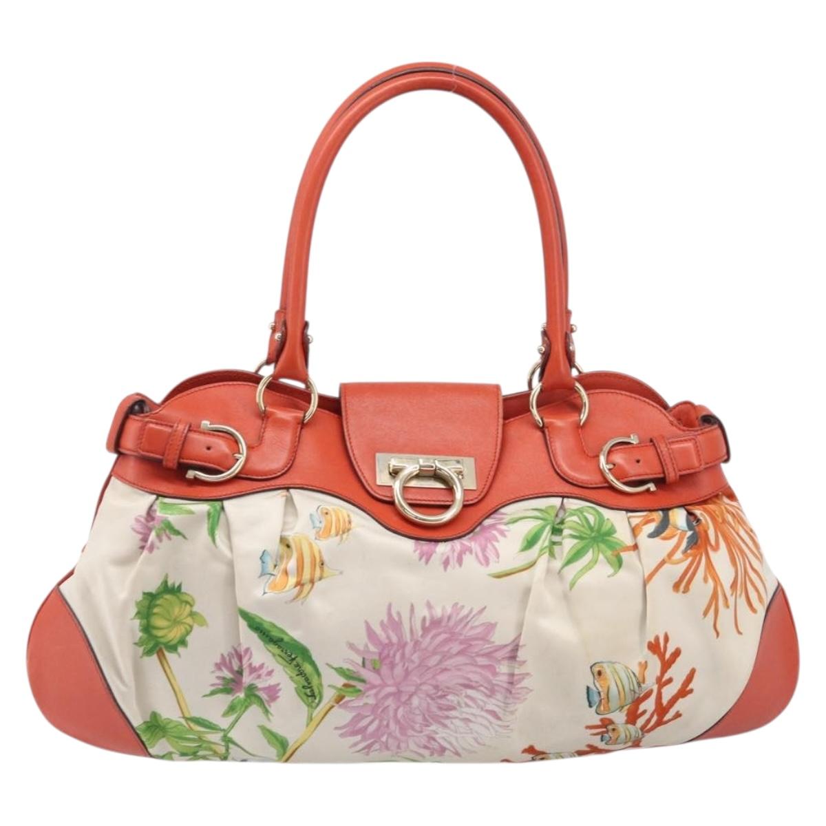 Salvatore Ferragamo Gancini Tote Bag Satin White Gold Tone Auth BA16529