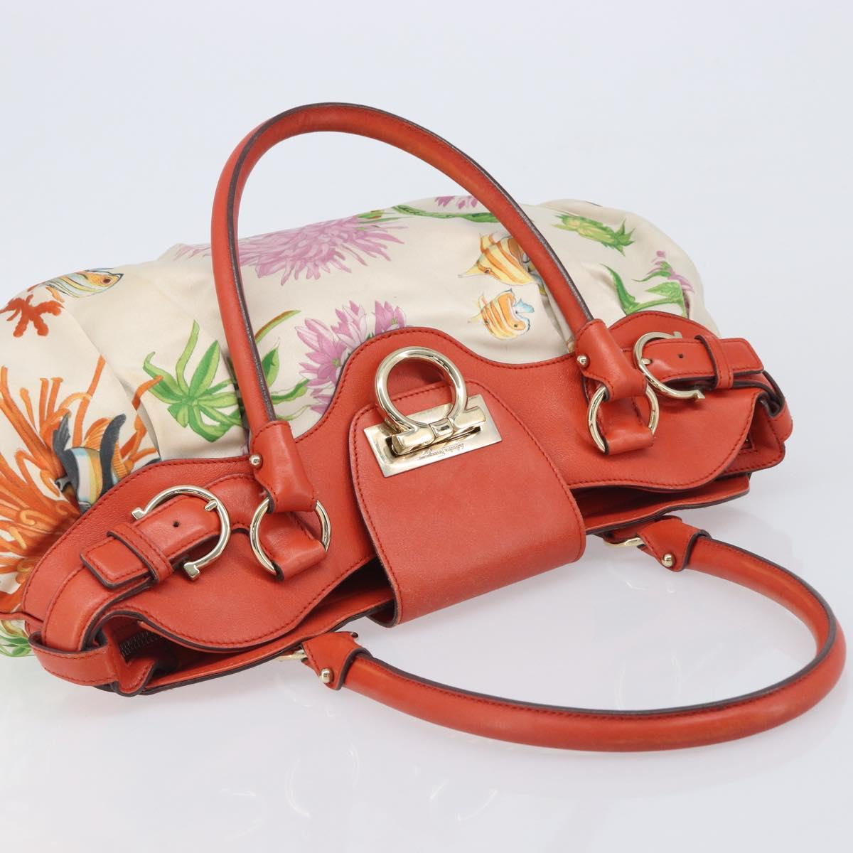 Salvatore Ferragamo Gancini Tote Bag Satin White Gold Tone Auth BA16529